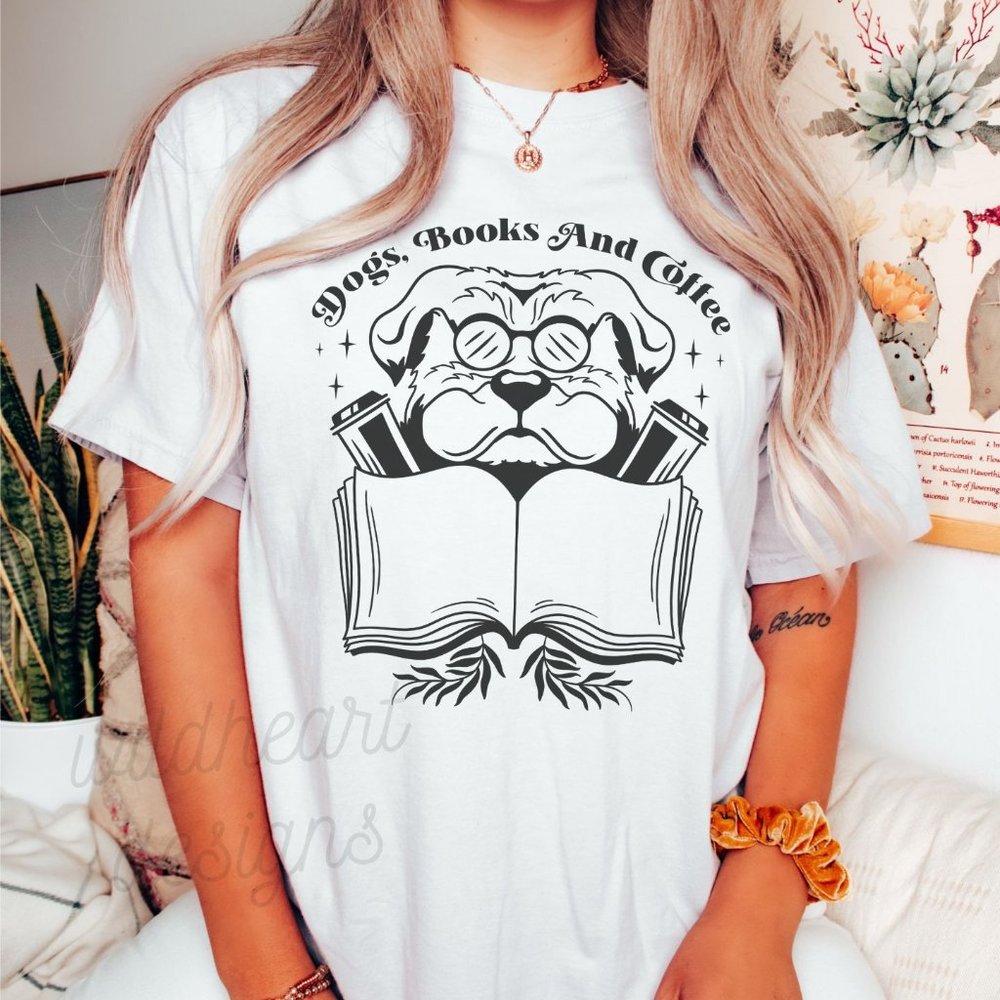 Dogs Books & Coffee Graphic T-shirt, Unisex White Cotton T-shirt, Book Lover Tee